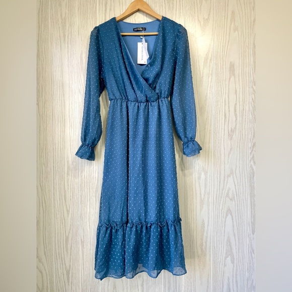 Suprelook Long Sleeve Wrap V Neck Swiss Dot Print Bohemian Swing Size L  NWT - Picture 4 of 5